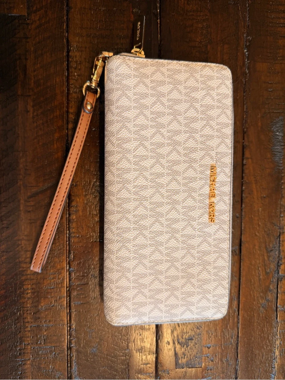 Michael Kors Cream Logo Zip-Around Wristlet with Tan Strap